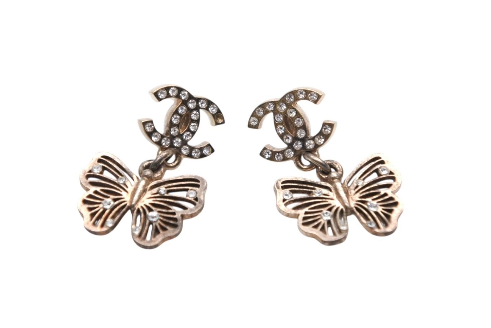 Chanel Rhinestone CC Logo Butterfly Earrings 11 Metal Gold