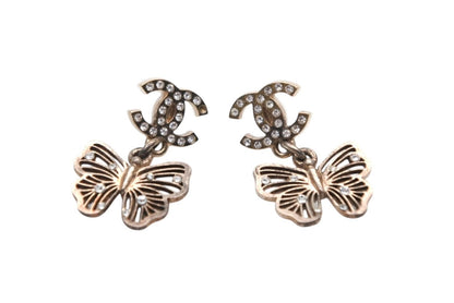 Chanel Rhinestone CC Logo Butterfly Earrings 11 Metal Gold