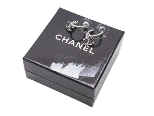 Chanel CC Logo Earrings Hoop Dangling 08 Metal Silver