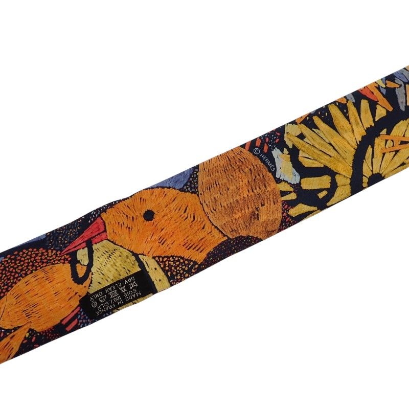 Hermes Twill Chacun Fait Son Nid Each Nest Building Scarf Silk Navy Orange — view 9