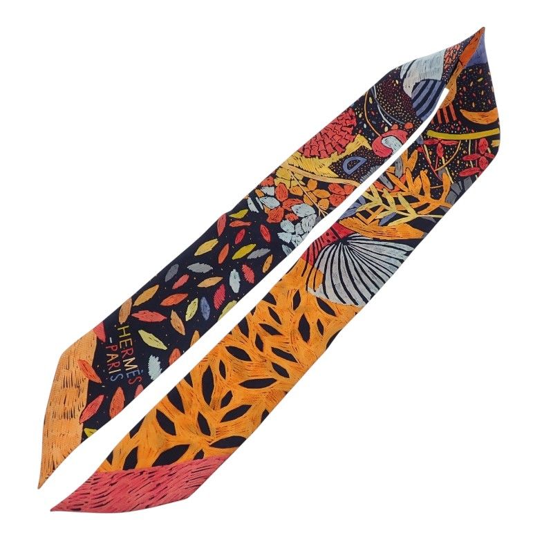 Hermes Twill Chacun Fait Son Nid Each Nest Building Scarf Silk Navy Orange — view 4