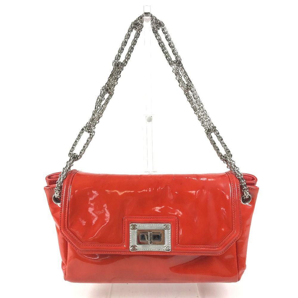 Chanel Shoulder Bag Logo Patent Leather Red Orange — view 2