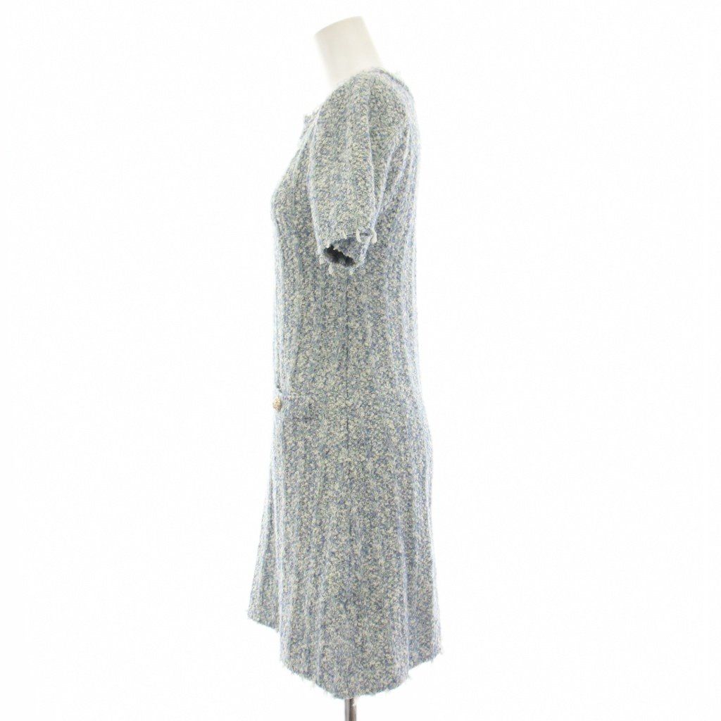 Chanel Uniform Tweed Dress Short Sleeve Knee Length 5 Buttons 36 Blue White — view 2