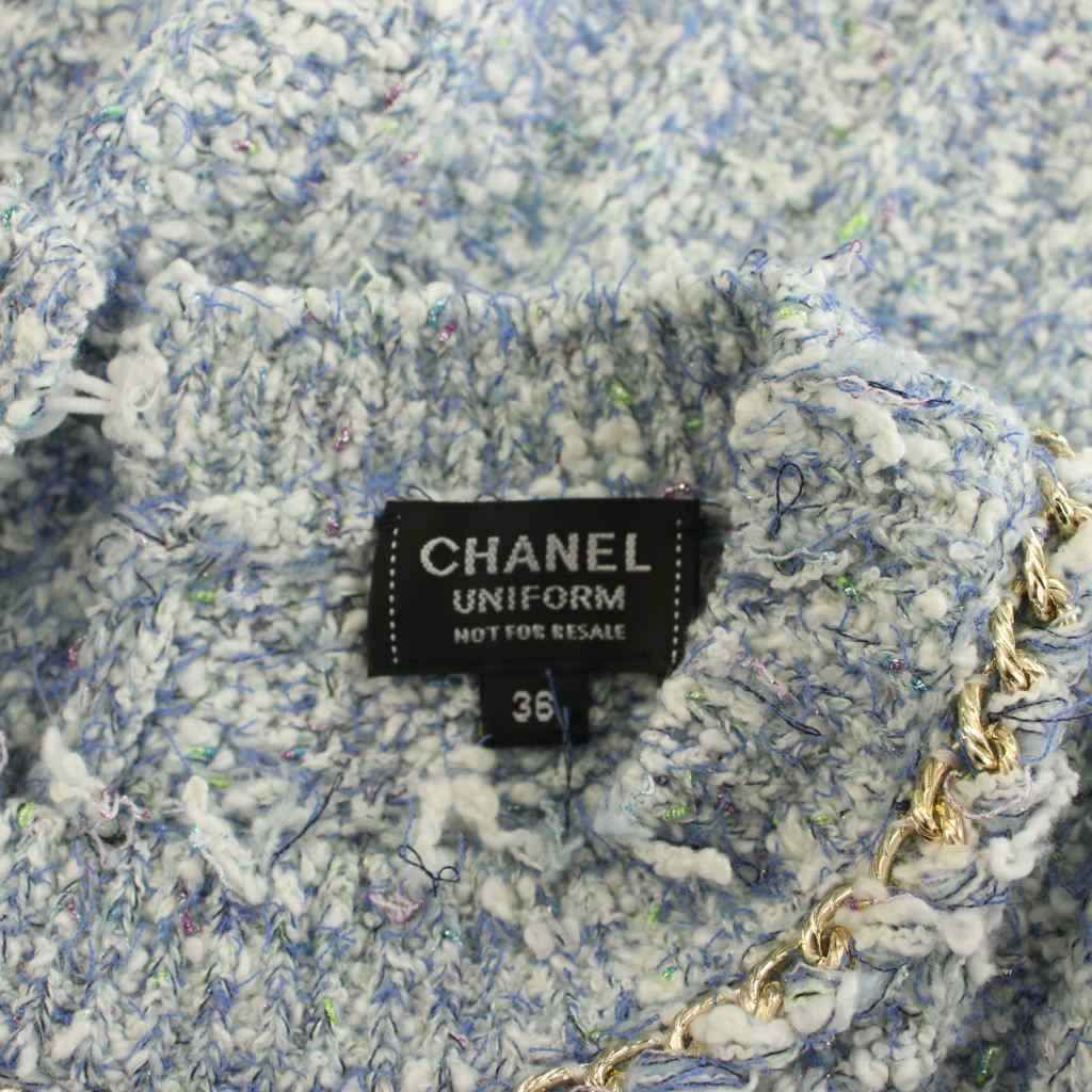 Chanel Uniform Tweed Dress Short Sleeve Knee Length 5 Buttons 36 Blue White — view 7