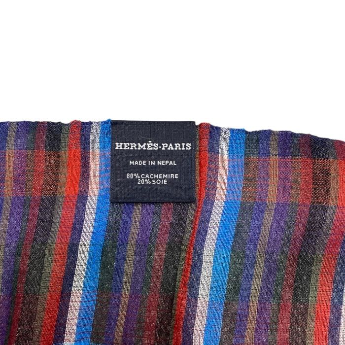 Hermes Check Scarf Shawl Large Cashmere Silk Logo Blue Red Multicolor — view 7