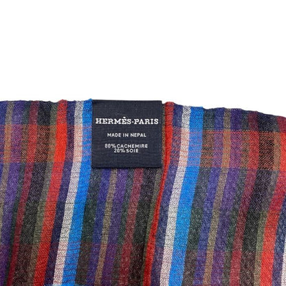 Hermes Check Scarf Shawl Large Cashmere Silk Logo Blue Red Multicolor — view 7