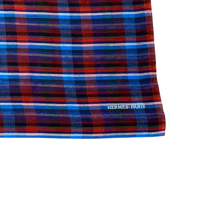 Hermes Check Scarf Shawl Large Cashmere Silk Logo Blue Red Multicolor — view 4