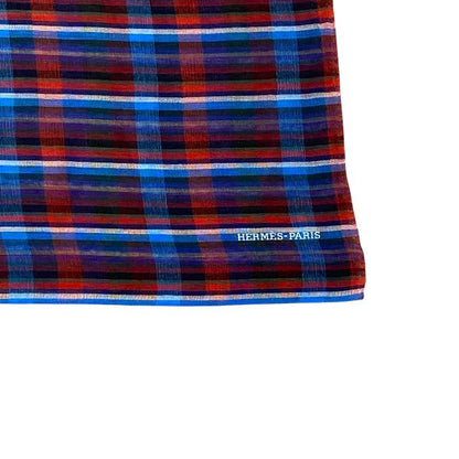 Hermes Check Scarf Shawl Large Cashmere Silk Logo Blue Red Multicolor — view 4
