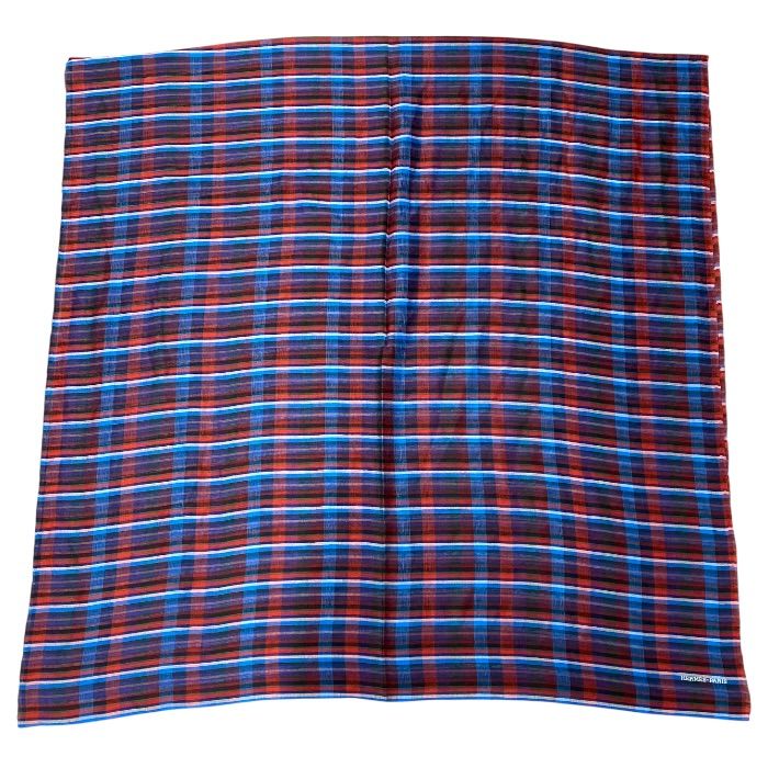 Hermes Check Scarf Shawl Large Cashmere Silk Logo Blue Red Multicolor — view 2