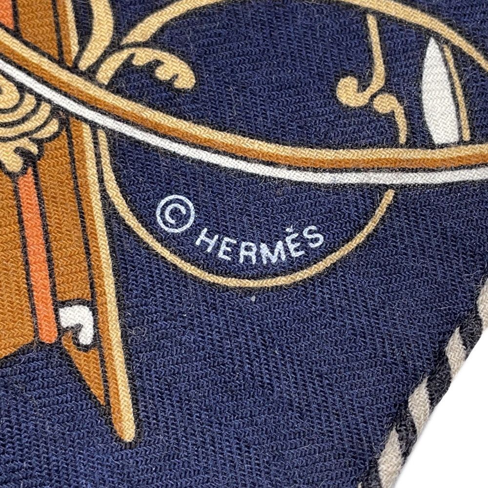 Hermes Shawl Triangle Jean Folding Top Carriage Cashmere Silk Navywhite Canvas Tabac — view 5