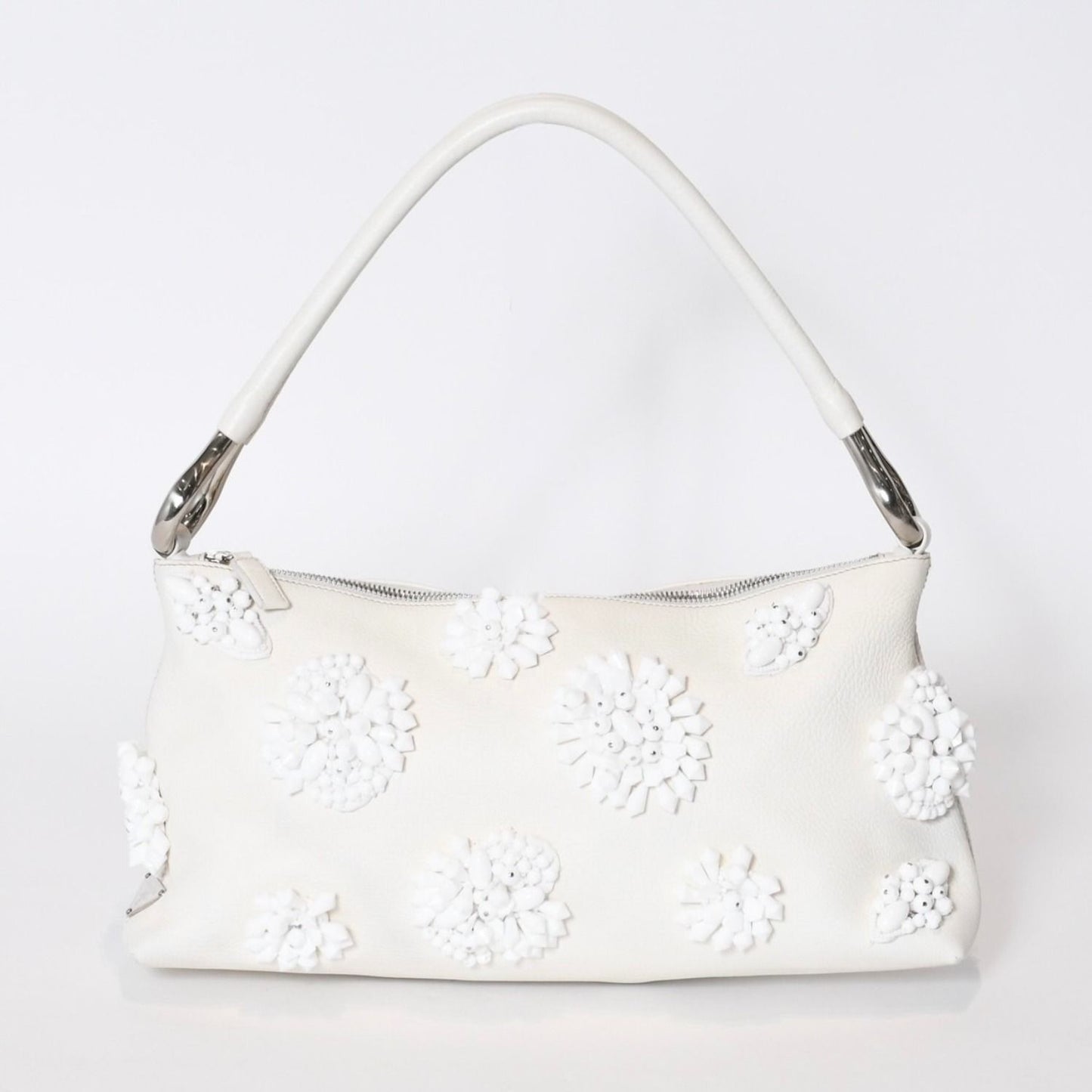 Prada Hobo Handbag Beads Leather White