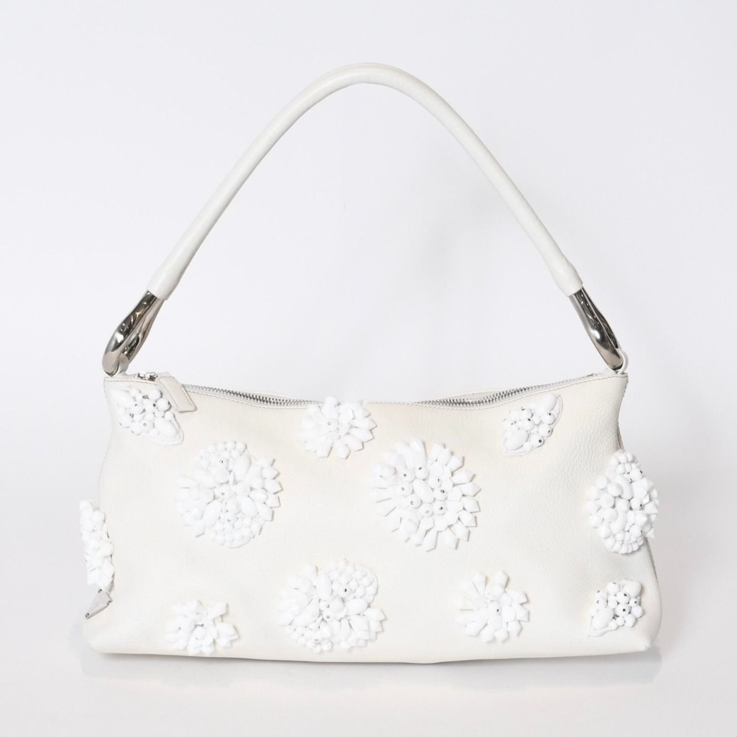 Prada Hobo Handbag Beads Leather White