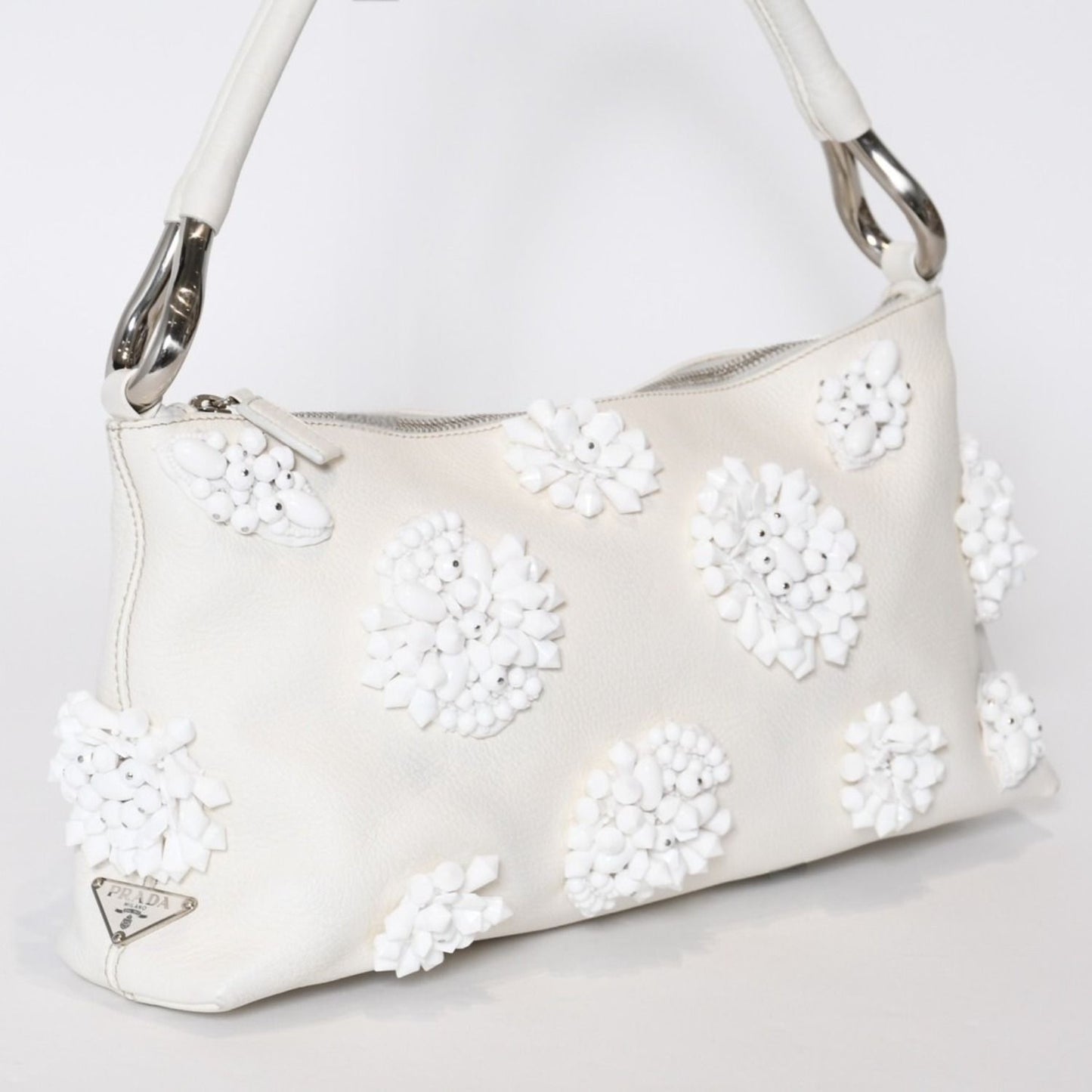 Prada Hobo Handbag Beads Leather White — view 3