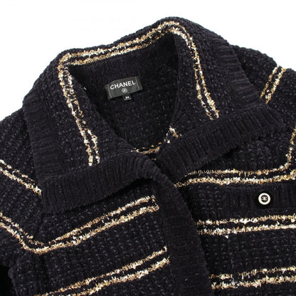 Chanel CC Logo Button Knit Wool Coat Navy White — view 6