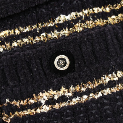 Chanel CC Logo Button Knit Wool Coat Navy White — view 8