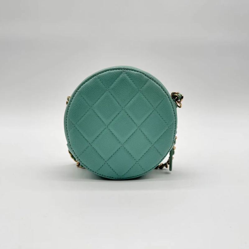 Chanel Shoulder Bag Round Caviar Leather Quilted CC Logo Gold Emerald Green