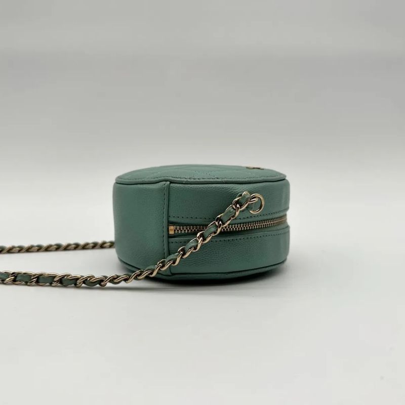 Chanel Shoulder Bag Round Caviar Leather Quilted CC Logo Gold Emerald Green