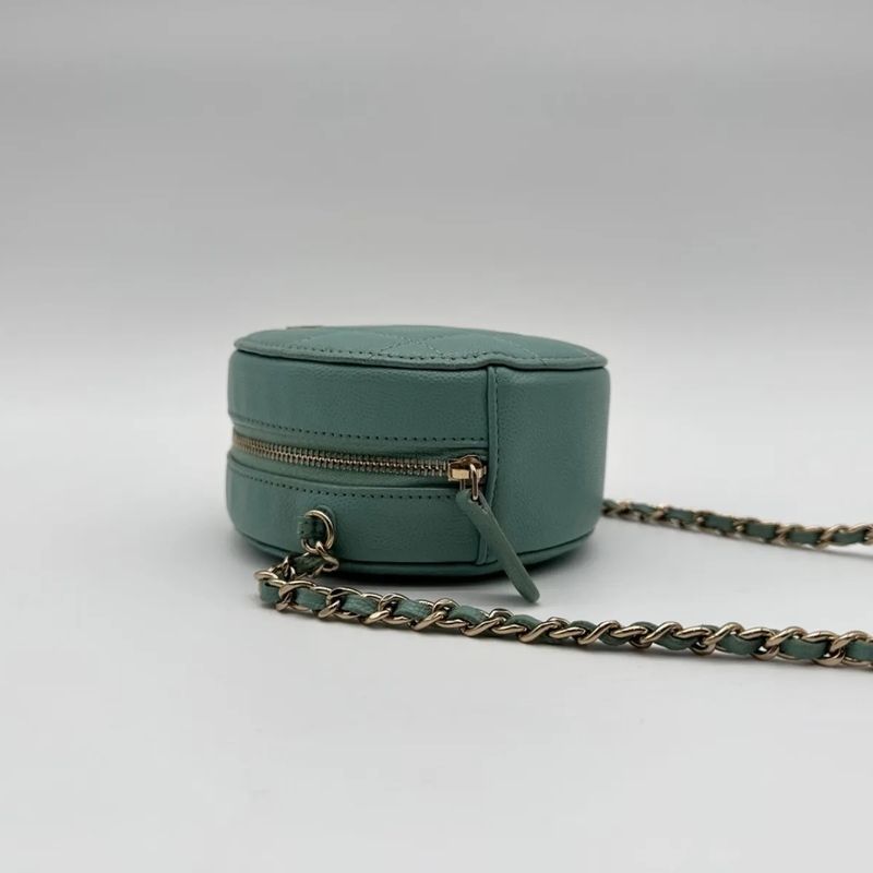 Chanel Shoulder Bag Round Caviar Leather Quilted CC Logo Gold Emerald Green