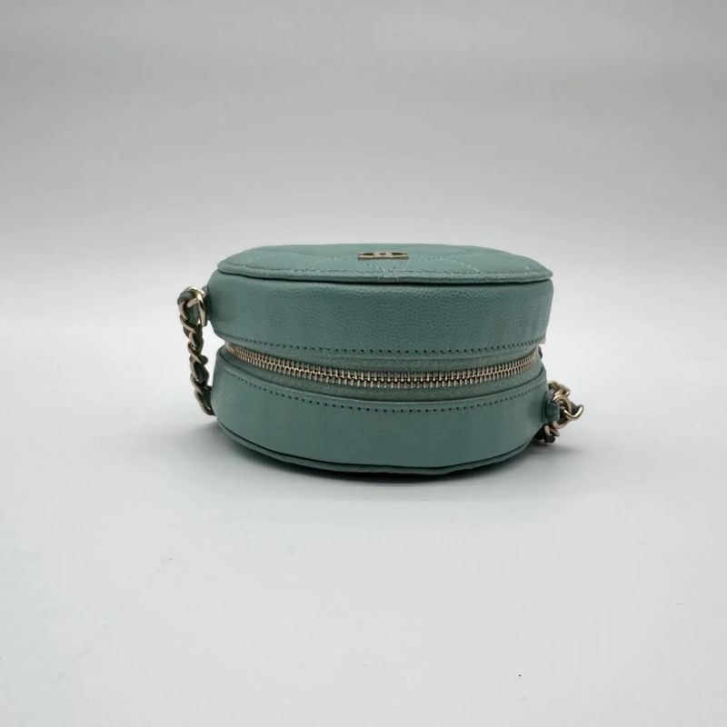 Chanel Shoulder Bag Round Caviar Leather Quilted CC Logo Gold Emerald Green
