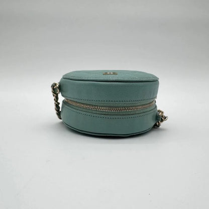 Chanel Shoulder Bag Round Caviar Leather Quilted CC Logo Gold Emerald Green
