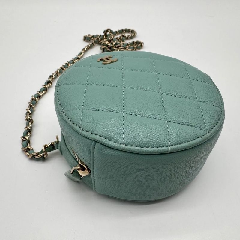 Chanel Shoulder Bag Round Caviar Leather Quilted CC Logo Gold Emerald Green