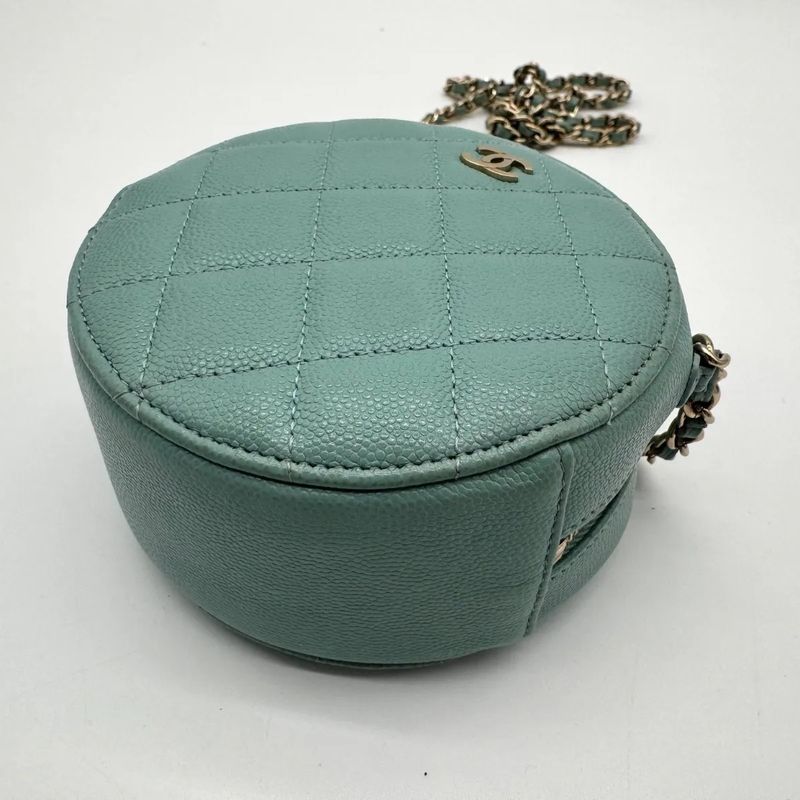Chanel Shoulder Bag Round Caviar Leather Quilted CC Logo Gold Emerald Green
