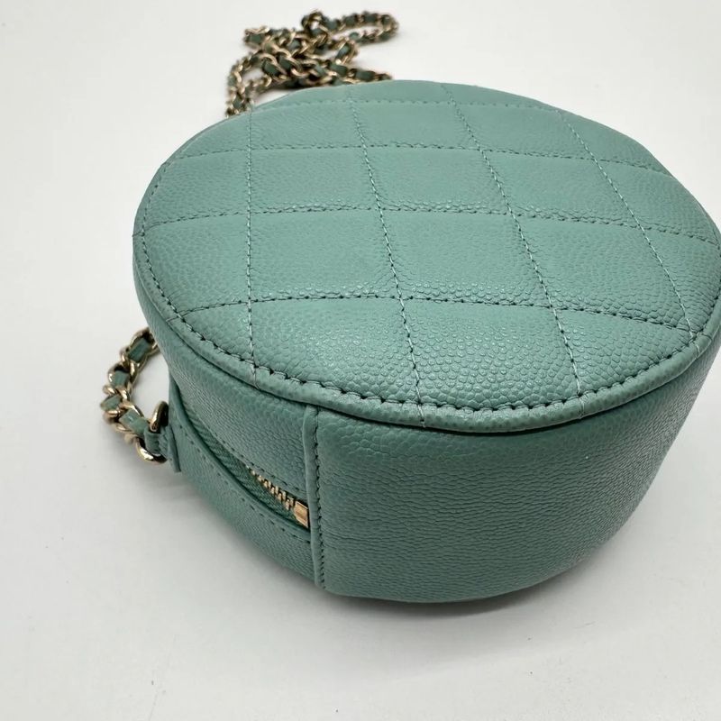 Chanel Shoulder Bag Round Caviar Leather Quilted CC Logo Gold Emerald Green