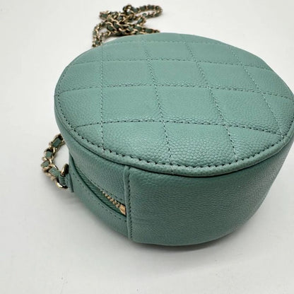Chanel Shoulder Bag Round Caviar Leather Quilted CC Logo Gold Emerald Green