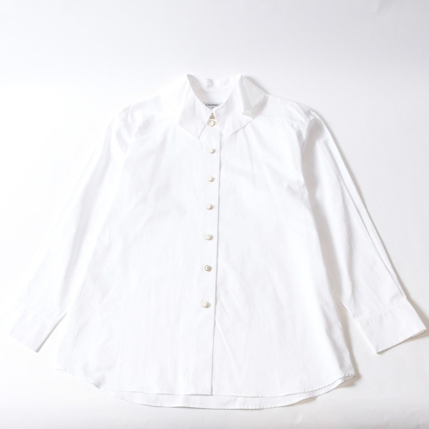 Chanel Long Sleeve Shirt Blouse CC Logo Cotton White Gold