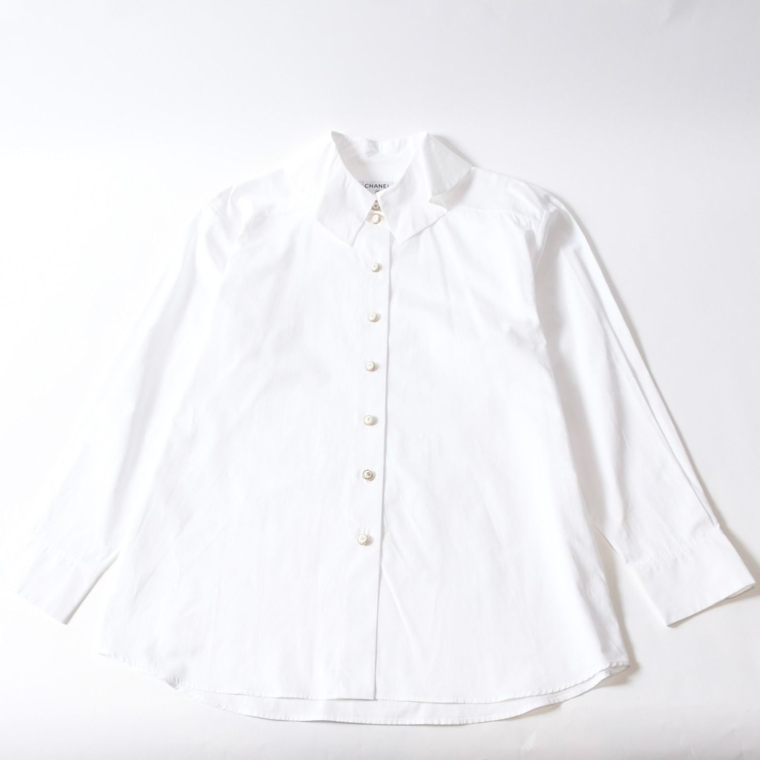 Chanel Long Sleeve Shirt Blouse CC Logo Cotton White Gold