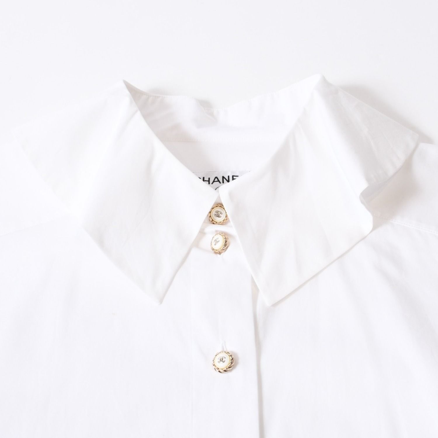 Chanel Long Sleeve Shirt Blouse CC Logo Cotton White Gold — view 3