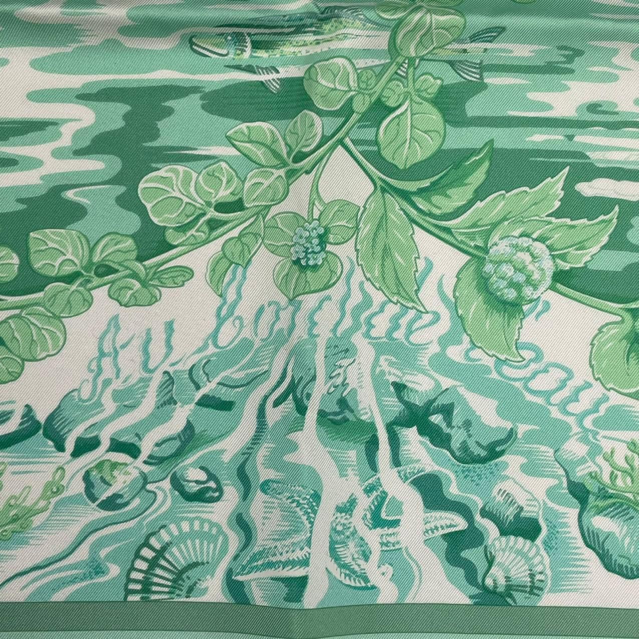 Hermes Scarf Silk Carre 90 Au Bord de L'eau by the River Jade Bird Green — view 7