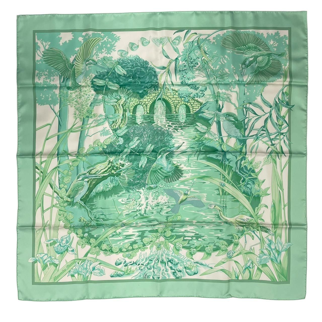 Hermes Scarf Silk Carre 90 Au Bord de L'eau by the River Jade Bird Green — view 2