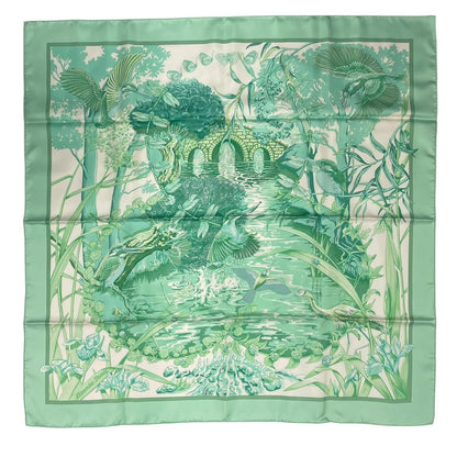 Hermes Scarf Silk Carre 90 Au Bord de L'eau by the River Jade Bird Green — view 2
