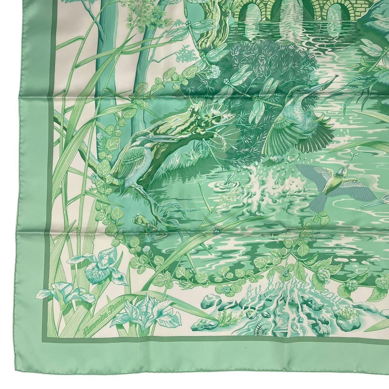 Hermes Scarf Silk Carre 90 Au Bord de L'eau by the River Jade Bird Green — view 5