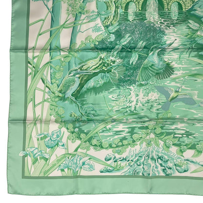 Hermes Scarf Silk Carre 90 Au Bord de L'eau by the River Jade Bird Green — view 5