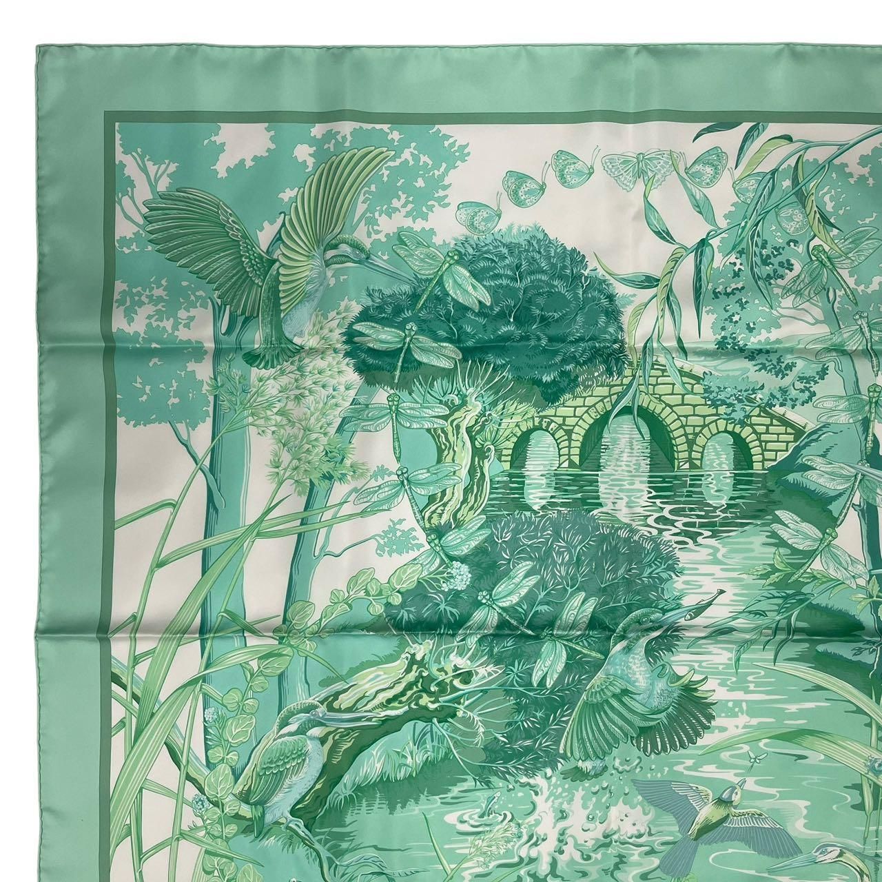 Hermes Scarf Silk Carre 90 Au Bord de L'eau by the River Jade Bird Green — view 3