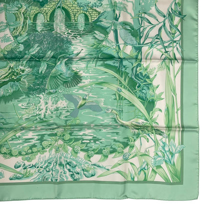 Hermes Scarf Silk Carre 90 Au Bord de L'eau by the River Jade Bird Green — view 6