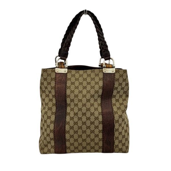 Gucci Bamboo Tote Leather Canvas Beige Brown