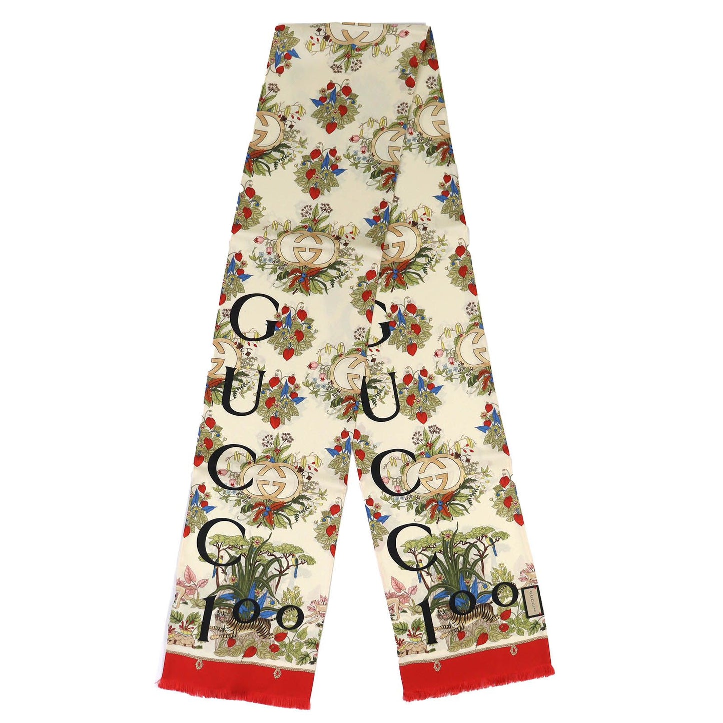 Gucci Silk in g Logo Floral Pattern Mini Fringe Scarf Ivory — view 3