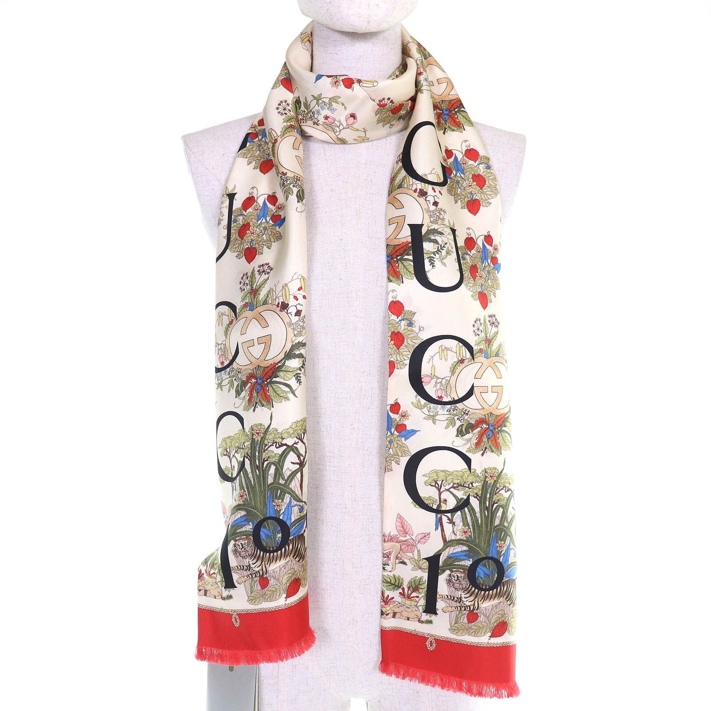 Gucci Silk In g Logo Floral Pattern Mini Fringe Scarf Ivory — view 4