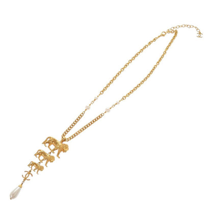 Chanel CC Logo Lion Metal Faux Pearl Gold Necklace — view 4