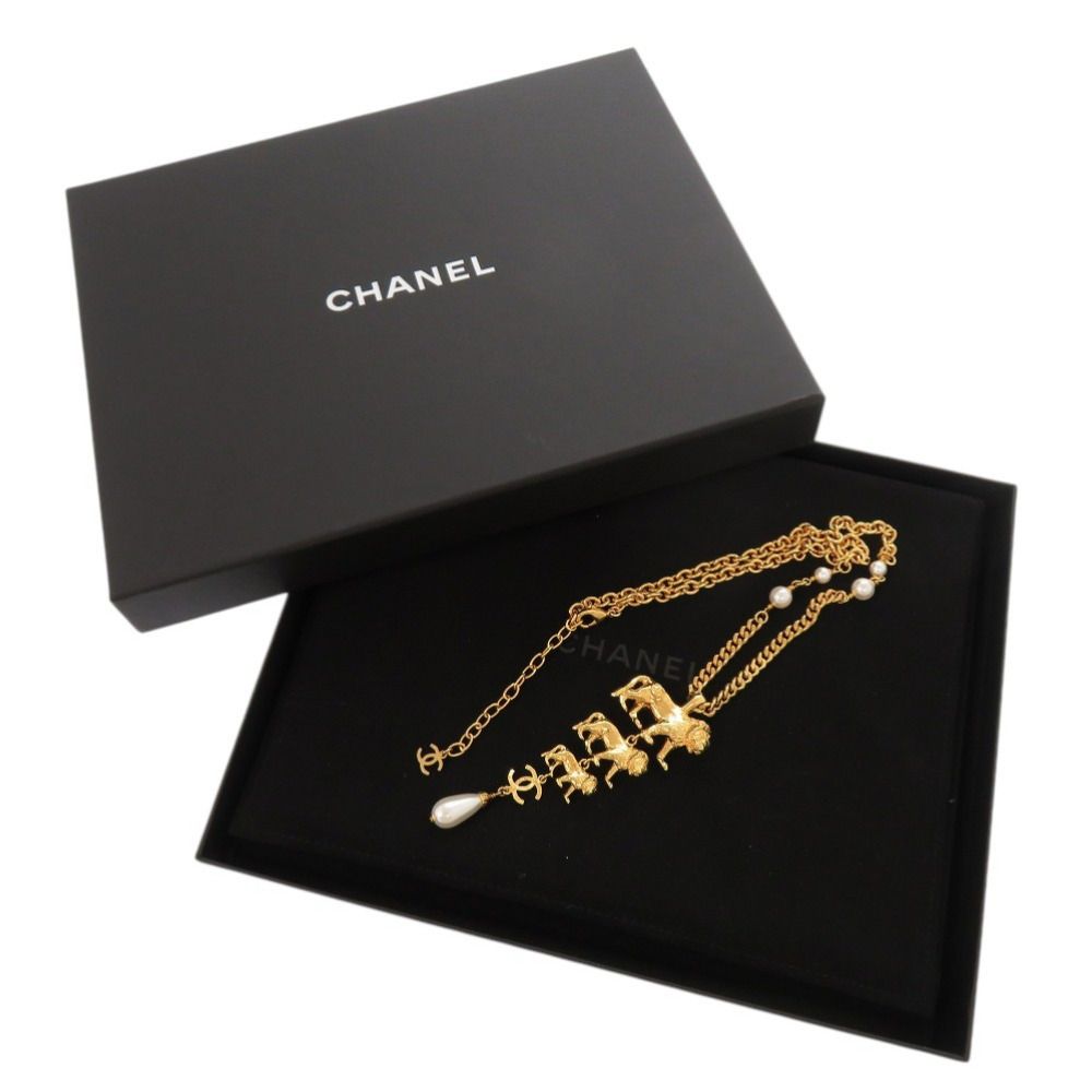 Chanel CC Logo Lion Metal Faux Pearl Gold Necklace — view 2