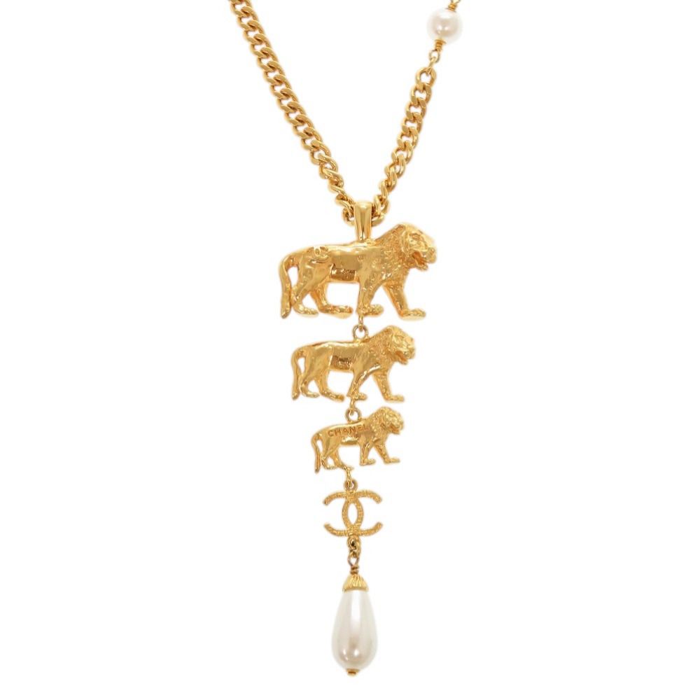 Chanel CC Logo Lion Metal Faux Pearl Gold Necklace — view 3