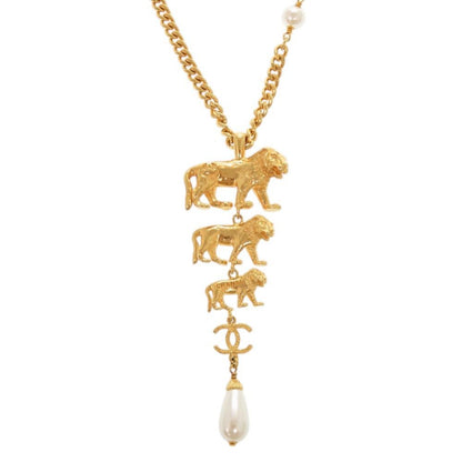 Chanel CC Logo Lion Metal Faux Pearl Gold Necklace — view 3