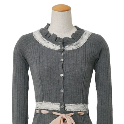 Dior Cardigan 36 Rib Knit Lace Silk Ribbon — view 2