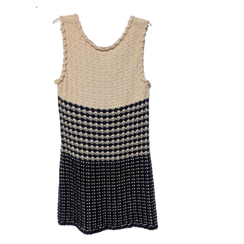 Chanel Knit Dress Beige Navy Coco Button Sleeveless
