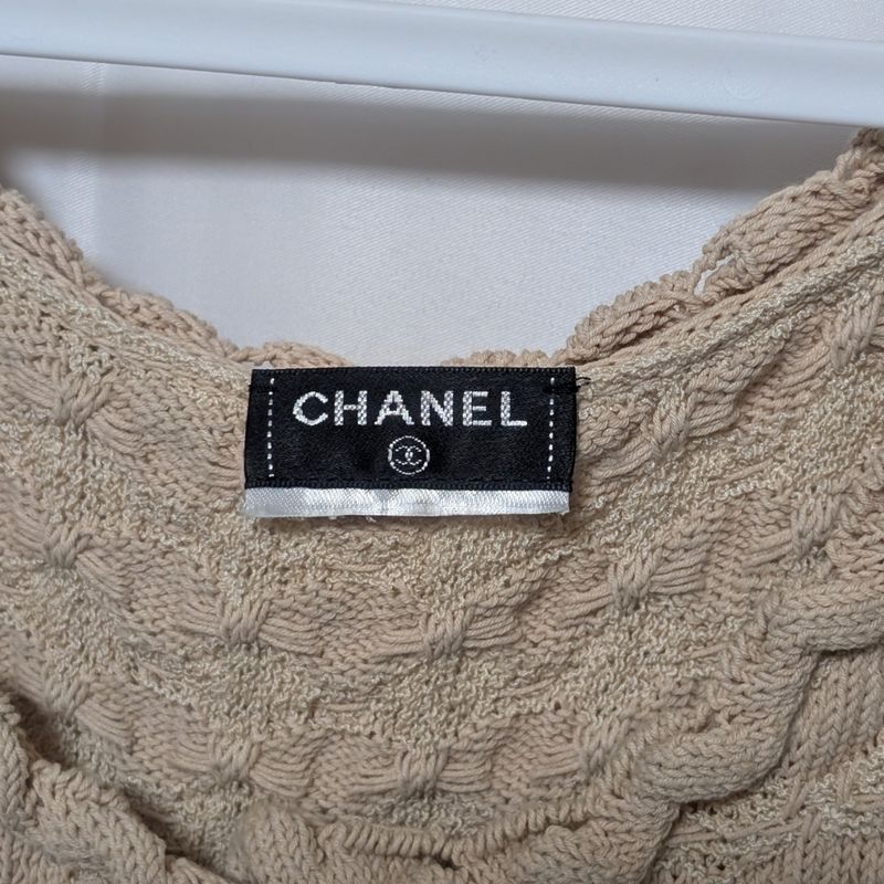 Chanel Knit Dress Beige Navy Coco Button Sleeveless