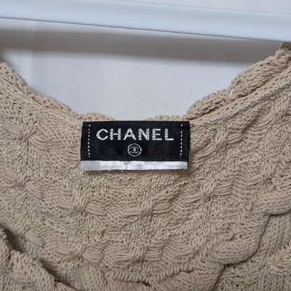Chanel Knit Dress Beige Navy Coco Button Sleeveless