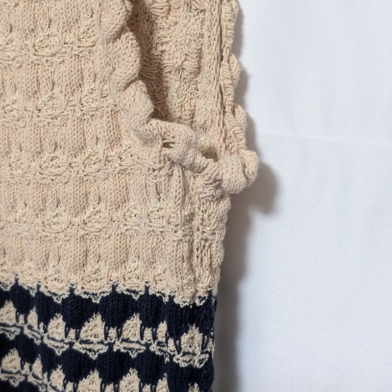 Chanel Knit Dress Beige Navy Coco Button Sleeveless